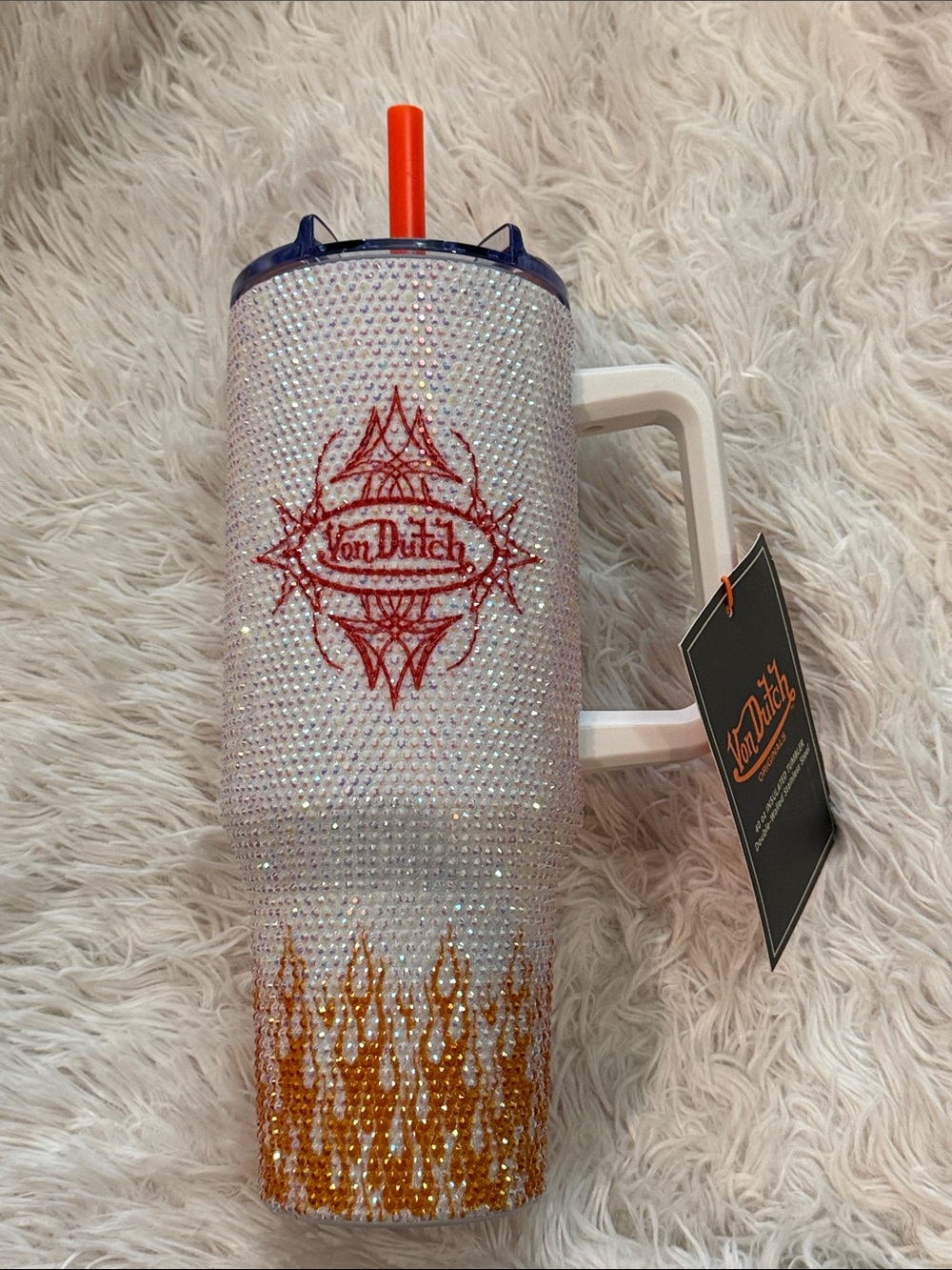 White Crystal Von Dutch Tumbler with Orange Flame Accent 40 oz